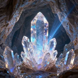 a beautiful, sparkly cave with huge floating refractive crystals, matte painting style render, octane, 8 k res. laser diffraction lighting. sleek textures were drawn in illustrator.