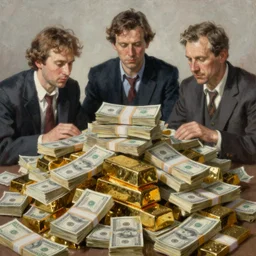 three men and many stacks of money, pile of money, highly detailed oil painting by francis bacon, edward hopper, adrian ghenie, glenn brown, soft light, 4 k, gold, bullion, oil, dollar bills