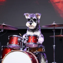 miniature schnauzer playing on drum on the stage