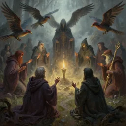 masterful fantastic realist painting of the enchanted summoning rituals of unusual moody birds wearing cloaks, avian wizardry, weird perspective, digital painting trending on artstation, volumetric lighting and mist, hyperrealistic, octane render
