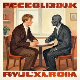 poster in the style of polish poster school showing conversation of a human and a non - human
