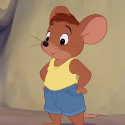 2 d traditional animation, portrait, upper body shot, mid shot, anthropomorphic mouse, female, wearing denim short shorts and a off yellow tank top shirt, in the style of disney's robin hood