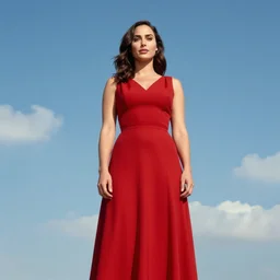 full body portrait of gal gadot in the style of bill medcalf, red dress, blue sky with a few clouds, retro, 1 9 5 0, 4 k, detailed, headroom, rule of thirds