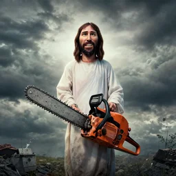 jesus christ, chain saw, cloudy day, horror film poster