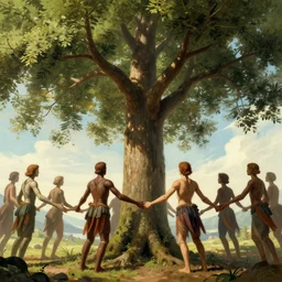 CCTV footage a tree in the future, humanoid entities surrounding it holding hands, historical artistic depiction, trending on artstation, digital art, by Greg Rutkowski and Ansel Adams