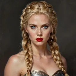artistic portrait of a confident and severe looking northern blond female warrior with beautiful blue eyes and red lips, perfect fit body, extremely long braided hair, art by artgerm and greg rutkowski and magali villeneuve, highly detailed, digital painting, trending on artstation, concept art, sharp focus, illustration, masterpiece