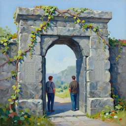 colorful Grzegorz greg rutkowski and Mark Keathley impasto!! acrylic painting of the slate stone gateway of a forgotten civilization. vines and creepers, stone etchings