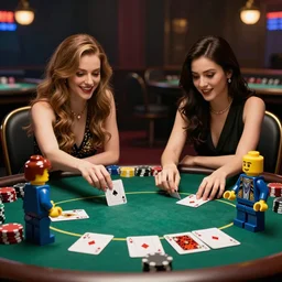 a hyper realistic photoshoot of lego people playing poker in a casino at night