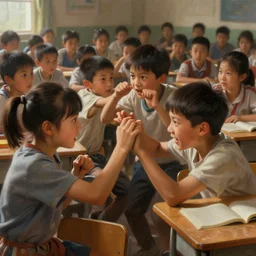 kids fighting in a crowded classroom, digital painting, artstation, concept art, donato giancola, Joseph Christian Leyendecker, WLOP, Boris Vallejo, Breathtaking, 8k resolution, extremely detailed, beautiful, establishing shot, artistic, hyperrealistic, octane render, cinematic lighting, dramatic lighting, masterpiece, light brazen, extremely detailed and beautiful face