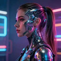 A profile portrait of a woman,cyberpunk,full metal overlay,neon colors,neon background, f1.8, 50mm, vibrant light leaks,high detailed, intricate detail,high contrast, hyper realism 8k,trending on artstation.