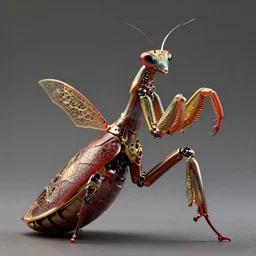 complex 3 d render of a beautiful porcelain robot - praying mantis. red gold and black, fractal veins. dragon cyborg, 1 5 0 mm, beautiful natural soft light, rim light, gold fractal details, fine lace, mandelbot fractal, anatomical, glass, facial muscles, elegant, ultra detailed, metallic armor, octane render, depth of field
