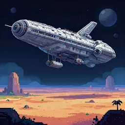 pixel art landscape of massive space ship landing on an alien planet, artstation, deviantart