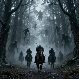the wild hunt, spectral riders in the sky, creepy woods, shadow creatures, dark enchanted forest, blizzard, fog, treacherous road, uneasy atmosphere, witcher, cinematic, groundbreaking, breathtaking, awardwinning, arnold gpu + octane workflow, 8 k, unreal 5, hyperrealist, ultradetailed, intricate digital art, volumetric lighting, trending artstation