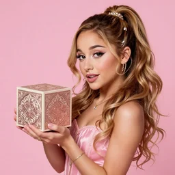 beautiful cottagecore Ariana Grande holding a cube  , intricate, elegant. highly detailed, digital painting, artstation, concept art, smooth, sharp, focus, illustration. background is pink like #ff4277 !. art by artgerm and greg rutkowski and alphonse mucha