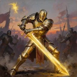 A highly detailed matte acrylic painting of a heavily armored paladin wielding a very bright glowing gold sword, fighting in a huge battle at dusk.