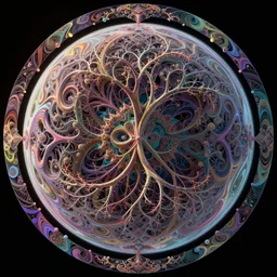 close up circular border with abstract symmetrical designs very deep colorful sphere, concept art, nature, fractals, depth of field, roots, fluid simulation in houdini, subsurface scattering, volumetric, very detailed, trending on artstation, rendered in octane, cgsociety