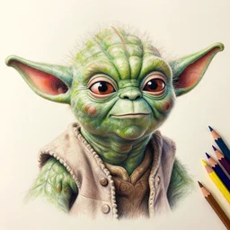 Intricate five star Yoda portrait by greg rutkowski, Colored pencil on paper, high detail, skin texture, photo realistic, hyperrealism,matte finish, high contrast, 3d depth, masterpiece, vivid and vibrant colors, Prismacolor Pencils,artstationhd