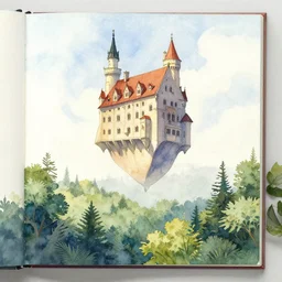 laputa castle in the sky flies over the forest, watercolor illustration for a book