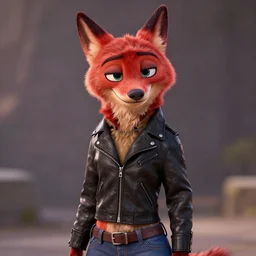 upper body portrait, anthropomorphic female wolf, red fur, wearing a black leather jacket and denim pants, detailed, unreal engine 5, artstation, in the style of zootopia