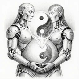 a drawing of a pregnant cyborg giving birth to emerging yin - yang daoist symbol emerging from womb, black and white detailed pencil drawing dao