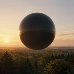 digital sci-fi painting of a gigantic black sphere floating over the forest, concept art, beautiful sunset lighting, golden hour, 4k trending on artstation