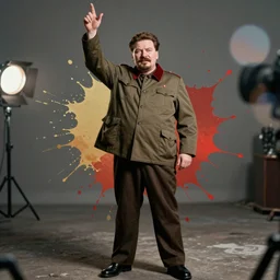 front view, full body portrait stalin using a soviet era jacket, one arm up, splash art, movie still, octane render, long lens, shallow depth of field, bokeh, anamorphic lens flare, 8k, hyper detailed, 35mm film grain