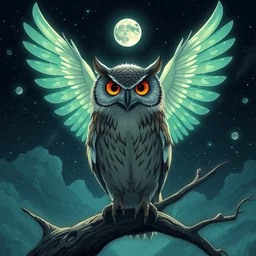 otherworldly owl, pixiv fanbox, cinematic light, anime style, graphic novel by fiona staples and dustin nguyen, peter elson, alan bean, wangechi mutu, clean cel shaded vector art, trending on artstation