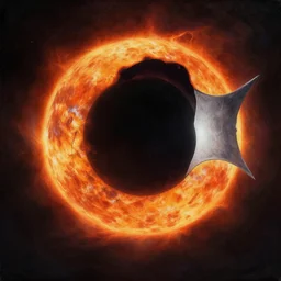 a fantastic realist comic book style painting of the most satanic relic in the universe, solar eclipse, 8 k, ultra realistic, lens flare, atmosphere, glow, detailed, intricate, full of colour, cinematic lighting, 4 k, hyperrealistic, focused, extreme details, unreal engine 5, cinematic, masterpiece