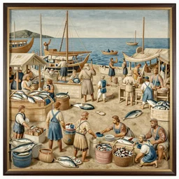 Retablo del Mar (Altarpiece of the Sea). The most important work of Sebastian Miranda, depicts scenes of the populous fish market of Gijón, carved on a wooden board. Hyper detailed featured in artstation