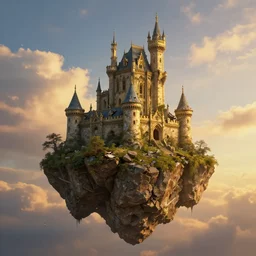 | type : 3 d render | style : fantasy, detailed, hyperrealism | subject : a crumbling castle on a floating boulder | colors : gold and blue and green | scene : sky full of clouds during sunset | subject description : old and beautiful decaying castle | lighting : golden sunset | emotion : warm, peaceful | params :