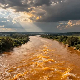 photo of the river full of orange juice, view from sky.