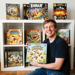 photo of a guy very happy with his board game collection in his kallax