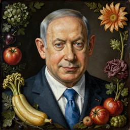 portrait of benjamin netanyahu made of vegetables fruits flowers, vanitas, memento mori, by giuseppe arcimboldo