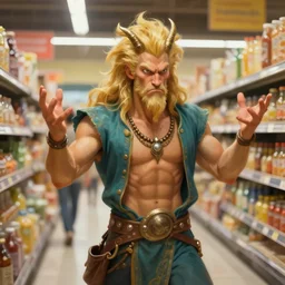 Poseidon very annoyed at other people in the supermarket, complaining with wild gestures, bokeh, digital art, oil painting, trending on artstation
