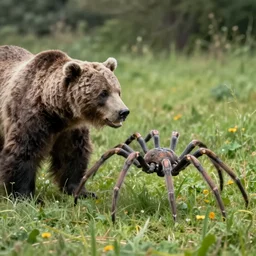 detailed photo of a human sized spider fighting a grizzly bear in a meadow,