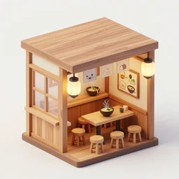 outside view of miniature classy wooden ramen shop, chinese lamps, table and stools, studio ghibli style, hayao miyazaki drawings, spirited away, clean, low poly art, detailed, isometric view, artstation, behance, global illumination, 3 d illustration, kawaii, pastel colors
