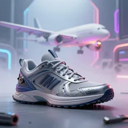 “wide shot of sneakers that has details of plane and mechanics in texture with futuristic colorful background, cinematic lighting, light fog, backlit, digital art, trending on Artstation”