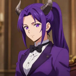 beautiful anime woman ( ( ( ( shion ) ) ) ) with purple hair, ( ( horn ) ) ( ( ( ponytail ) ) ) ( purple eyes ), a purple tuxedo, sharp focus, intricate, cell shaded, award winning photography, cinematic, digital painting, cinematic, wlop, 8 k, by ross tran, tom bagshaw