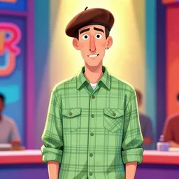 extremely detailed illustration of a thin guy with a big nose and an overbite wearing a brown beret and a palid green plaid shirt stand up participating on a tv show, coloful, vibrant colors, trending artstationg, backlight, by genndy tartakovsky