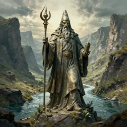 A large statue of a wizard guarding a river valley, landscape art, concept art, intense