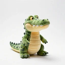 plush toy crocodile, studio photography, full body, isolated on a pure white background, centered, entire subject in frame, sharp focus, soft studio lighting