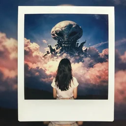 an aged polaroid photo of a young woman seen from behind, a gigantic alien monster looms in the distance, detailed clouds, warm azure and red tones, film grain, color bleed