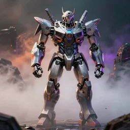 a magnificent robot warrior with fog behind it, realistic, hyperrealistic, dramatic, dramatic colorful lighting, trending on art station, image of the day