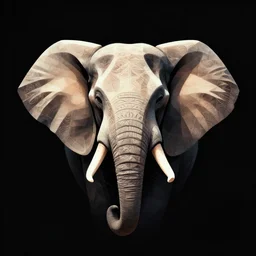 a stylized head of an elephant, geometric patterns, front, black background, unreal engine, concept art, album cover