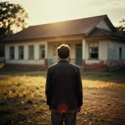 a 3 5 mm photo from the back of a teacher outside an old fashioned rural school, splash art, movie still, bokeh, canon 5 0 mm, cinematic lighting, dramatic, film, photography, golden hour, depth of field, award - winning, anamorphic lens flare, 8 k, hyper detailed, 3 5 mm film grain