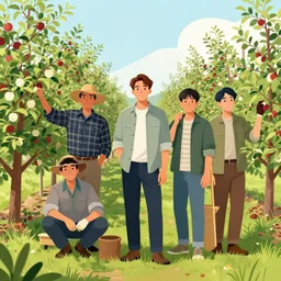 editorial illustration portrait of a people working in a apple orchard, mads berg, christopher balaskas, victo ngai, rich grainy texture, detailed, dynamic composition, colorful, wide angle, kurzgesagt, matte print, screen print, ( ( dither ) )