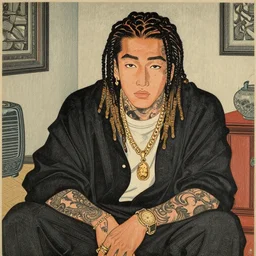 a painting of wiz khalifa in a room, a woodcut by utagawa yoshitaki, featured on pixiv, ukiyo - e, ukiyo - e, woodcut, anime aesthetic