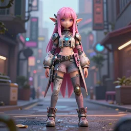 full body character, pink hair female druid, cyberpunk intricate streetwear, dystopian, trending on artstation, beautiful, intricate complexity, digital painting, cute nendroid, anime, disney, pixar, 8 k, hd, dof, kodak film, volumetric lighting, subsurface scattering, photorealistic, octane render, extreme details