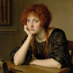 eva green sitting at her desk deep in thought, pre raphaelite, sharp features, detailed face, intricate, highly detailed, artstation, illustration, millais, leighton, waterhouse