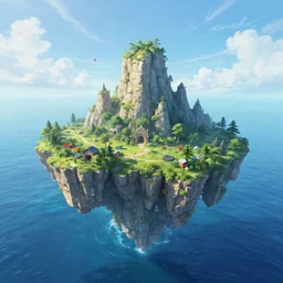 Floating fantasy island over a blue ocean, art by Phuoc Quan, trending on Artstation, 8K, ultra wide angle